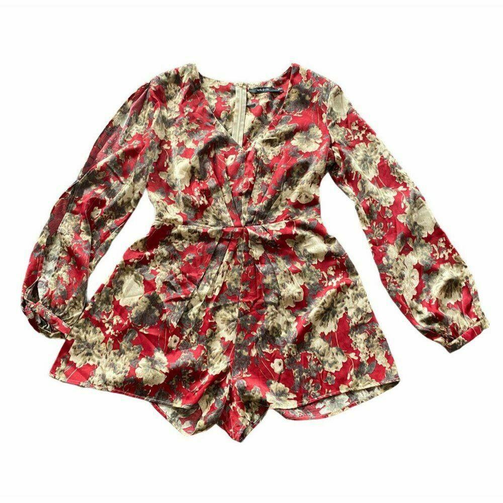 Ark & Co ivory Burgundy Floral Jumpsuit Long Sleeve Wrap Front Size Mediun boho - Picture 7 of 12